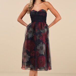 Lulus Splendidly Yours Navy Floral Organza Mesh Strapless Midi Dress Blue